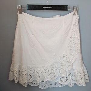 Japna White Asymmetrical Eyelet Lace Wrap Mini Cocktail Skirt